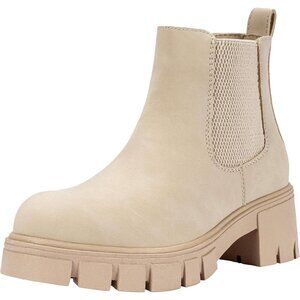 Vepose Women's Beige Faux Chelsea Leather Lug Sole Elastic Slip on Ankle Booties